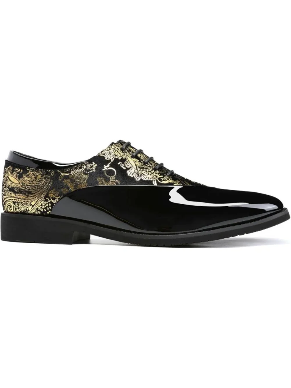 Men's Black Gold Elegant Rubber Sole Lace Up Patent Velvet Tuxedo Oxford Shoes